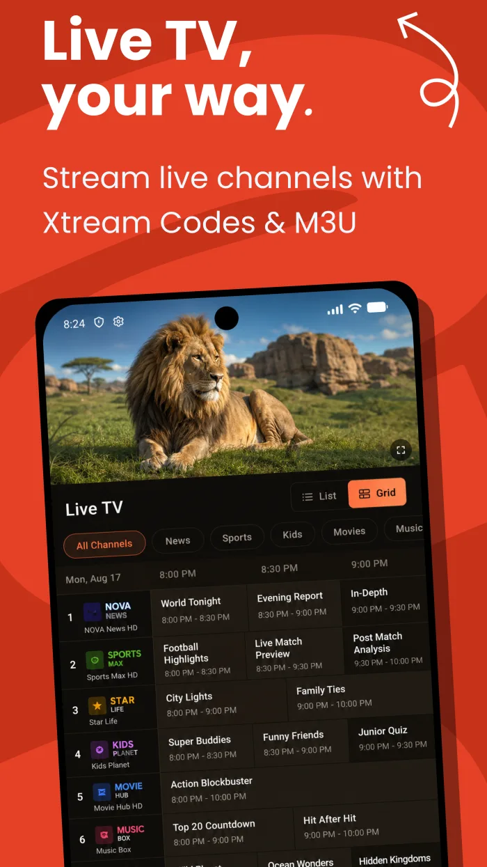 Phone — Live TV with a channel playing above the programme guide
